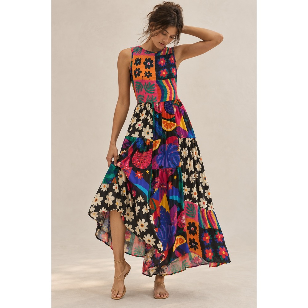 Farm Rio Anthropologie Sleeveless Patchwork Print Dress Sz M Floral Bright